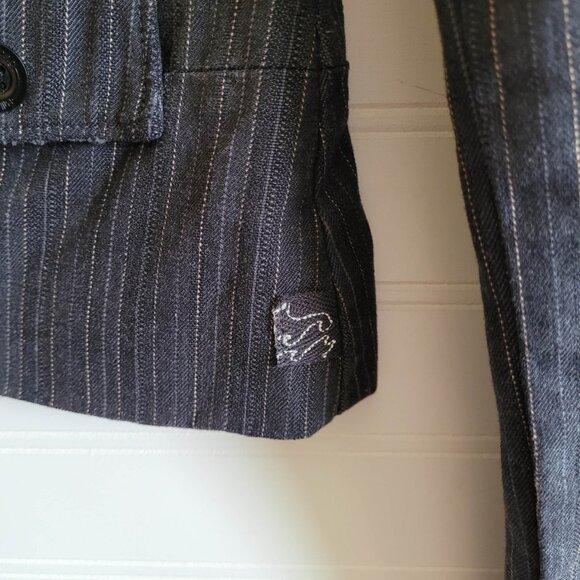 Billabong Denim Blazer Womens Small Black Pinstripe Patch Crest Academia Preppy - Picture 7 of 16